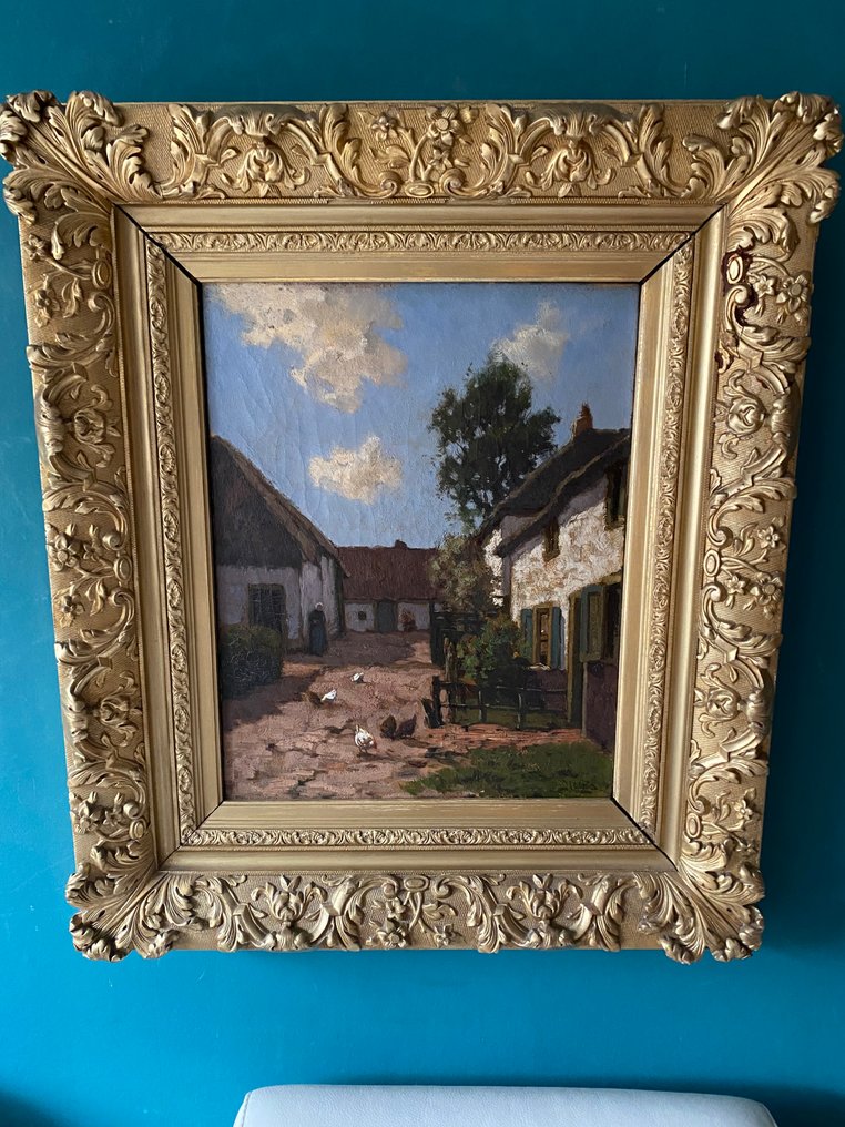 J.K. Leurs (1865-1938) - Boerenerf met kippen #1.0
