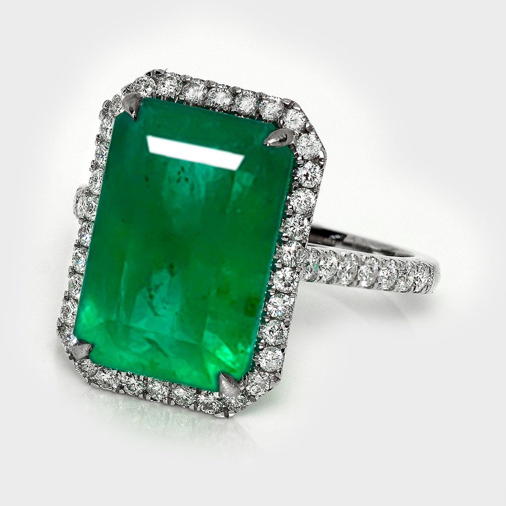 Ingen mindstepris - Ring - 14 karat Hvidguld, IGI 9,10 ct Zambia Intense Grøn -  9.70ct. tw. Smaragd - Diamant #2.1