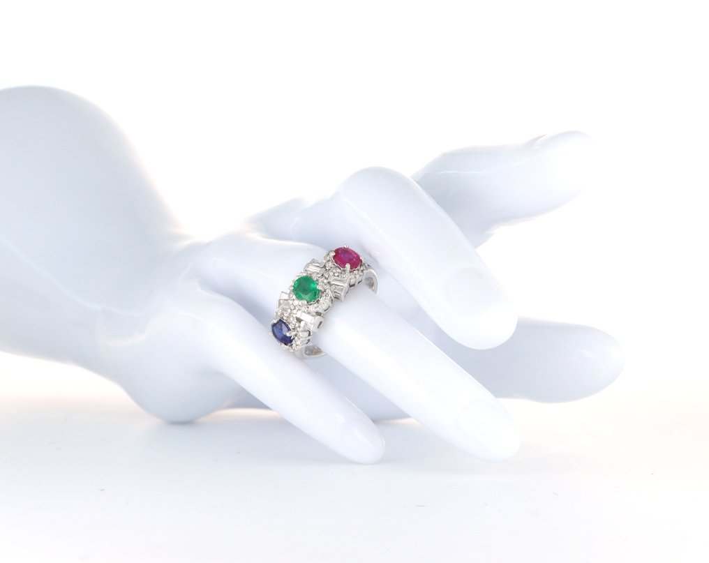 沒有保留價 - 戒指 - 18 克拉 白金 -  0.42ct. tw. 鉆石 (天然)  - 祖母綠 #3.2