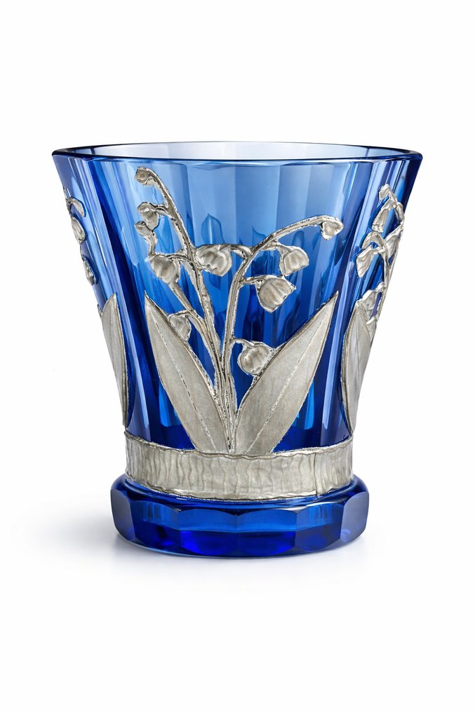 Vase -  A cobalt blue Austrian-Bohemian Jugendstil vase with tin frame • lily of the valley decor •  - Glass, Tin #1.0