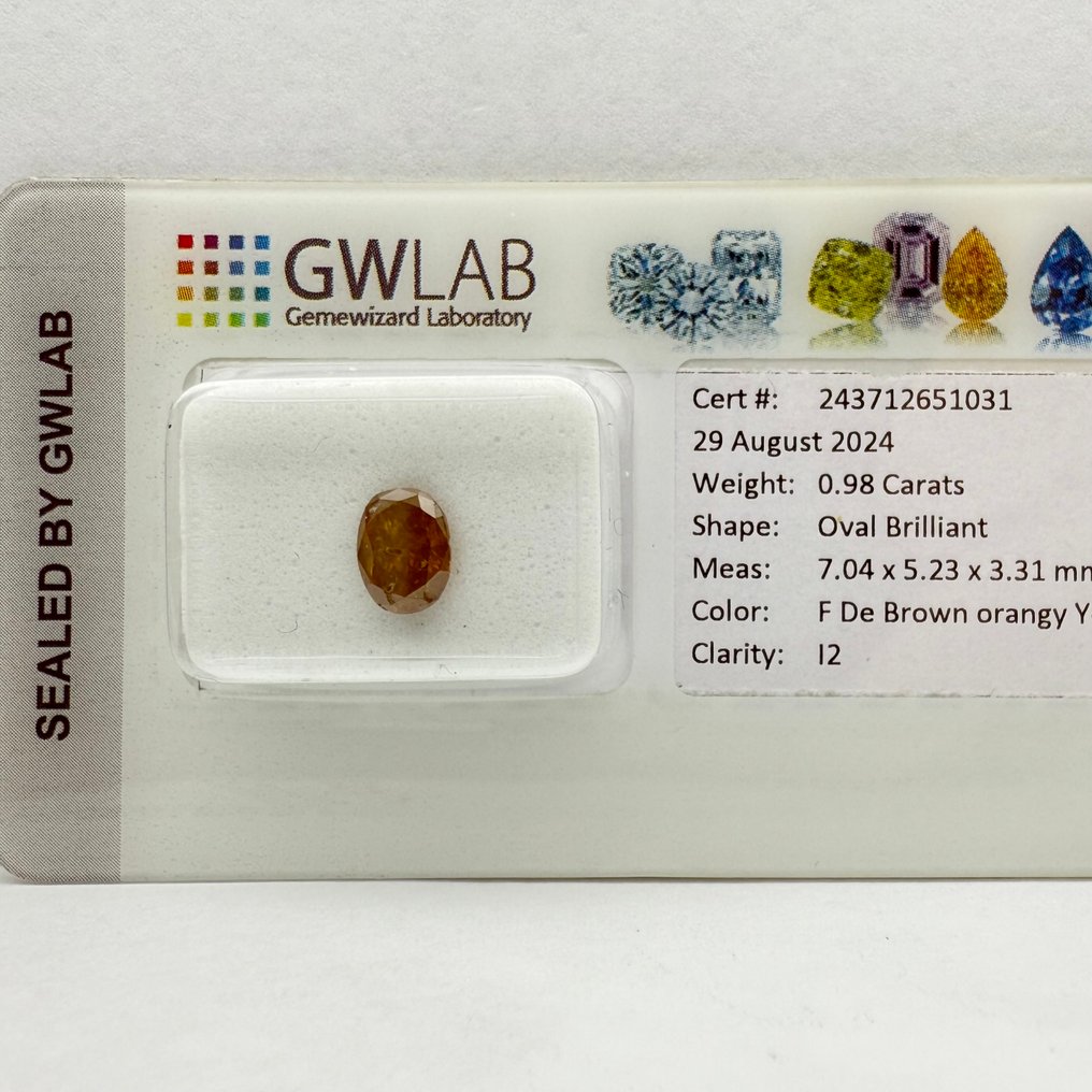 No reserve price - 1 pcs Diamond  (Natural coloured)  - 0.98 ct - Oval - Fancy deep Brown, Orange Yellow - I2 - Gemewizard Gemological Laboratory (GWLab) #3.2