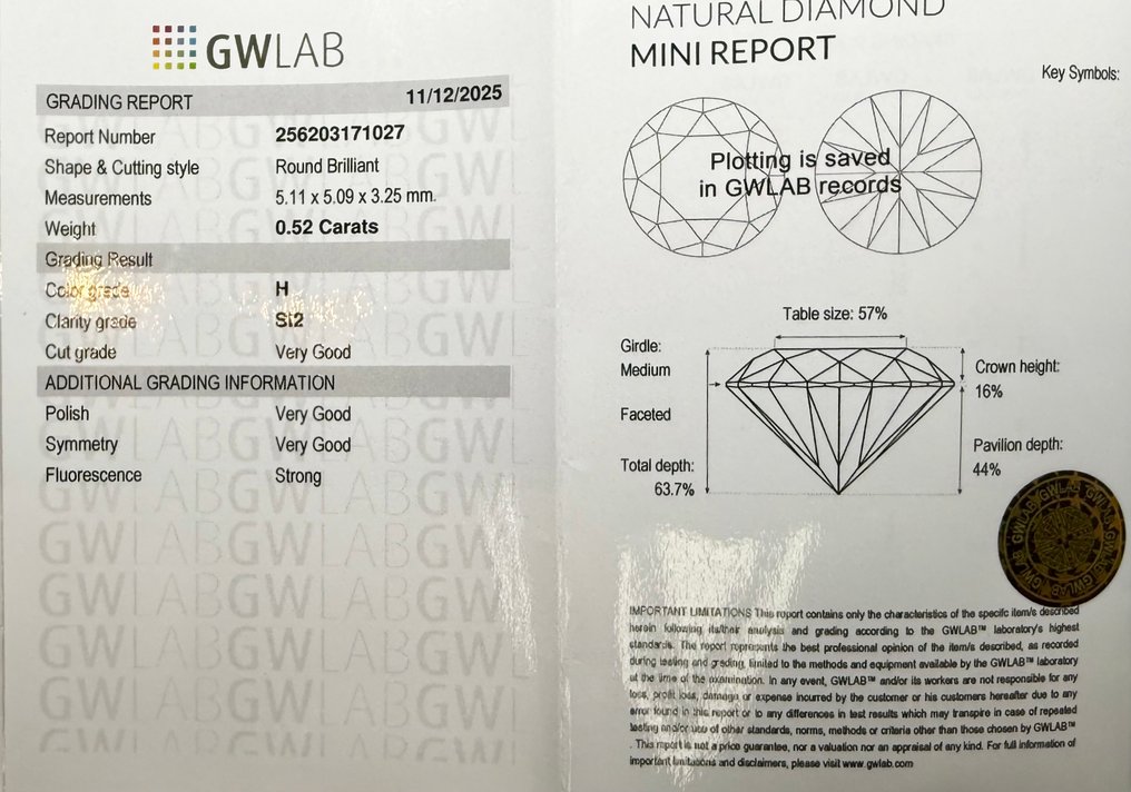 没有保留价 - 1 pcs 钻石  (天然)  - 0.52 ct - 圆形 - H - SI2 微内含二级 - Gemewizard宝石实验室（GWLab） #2.1