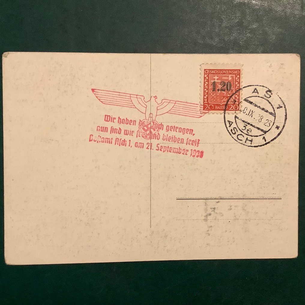 波希米亚和摩拉维亚 1938 - 阿什：德国帝国宣传卡，编号1,2，面值20赫勒。 - Michel 3 #1.0