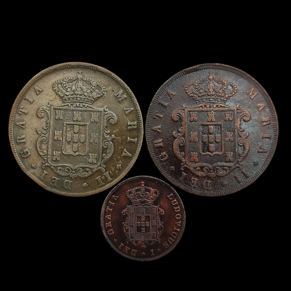 Portogallo. D. Maria II- D. Luis I. Lot with 3 Coins (1x III Réis + 2x XX Réis) 1849/1850/1868 (Senza prezzo di riserva) #1.0