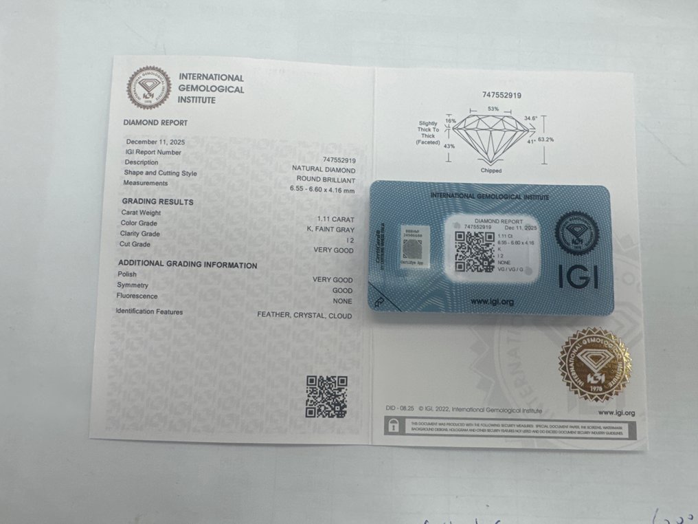 没有保留价 - 1 pcs 钻石 (天然) - 1.11 ct - 圆形 - K - I2 内含二级 - 国际宝石研究院(IGI) #3.2