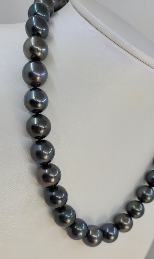 项链 - 14K包金 白金, ALGT 认证黑色大溪地珍珠 - 11.0x13.2毫米 #2.1