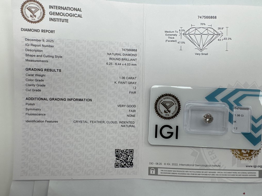 No reserve price - 1 pcs Diamond (Natural) - 1.06 ct - Round - K - I2 - International Gemological Institute (IGI) #1.0
