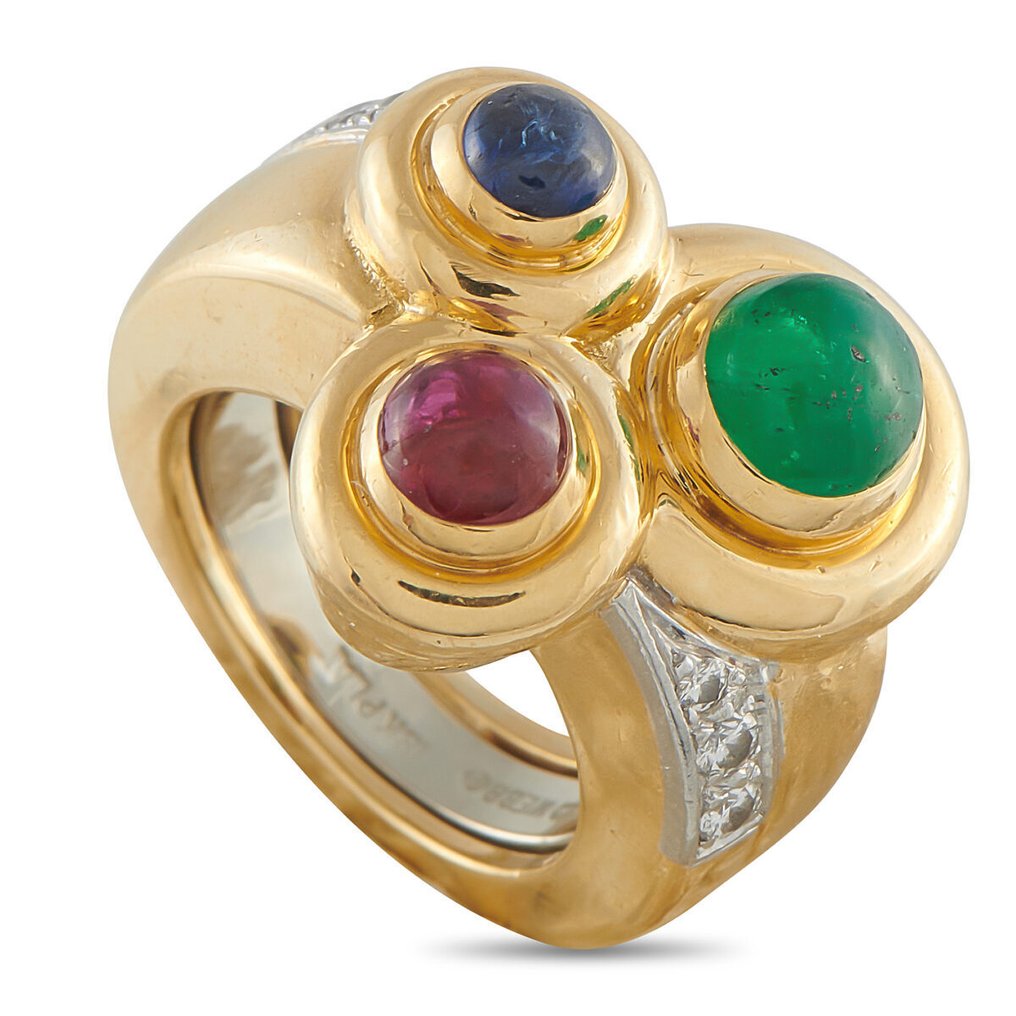 David Webb - Ring - 18 karaat DAVID WEBB 18K Geel Goud Diamant, Smaragd, Robijn en Saffier Ring, Geel goud #1.0