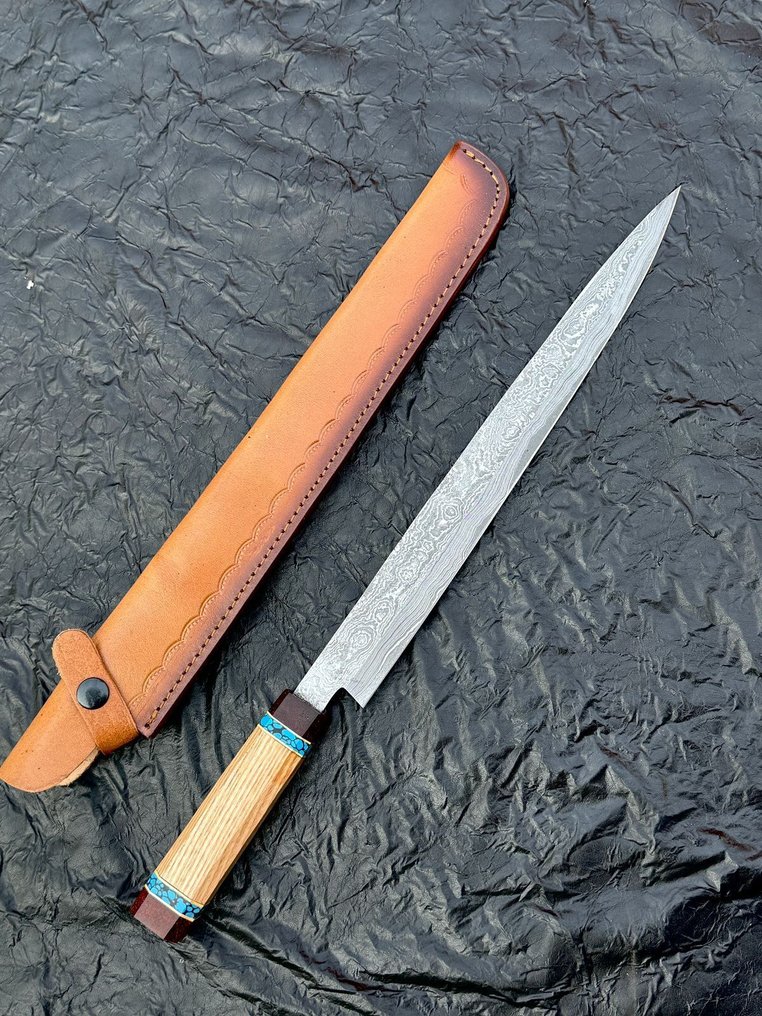 廚刀 -  厨房刀 - 大马士革 10/95 15N20 厨师刀 手工刀具，随机花纹，ASH 木材 - 木材 - 亞洲 #1.0