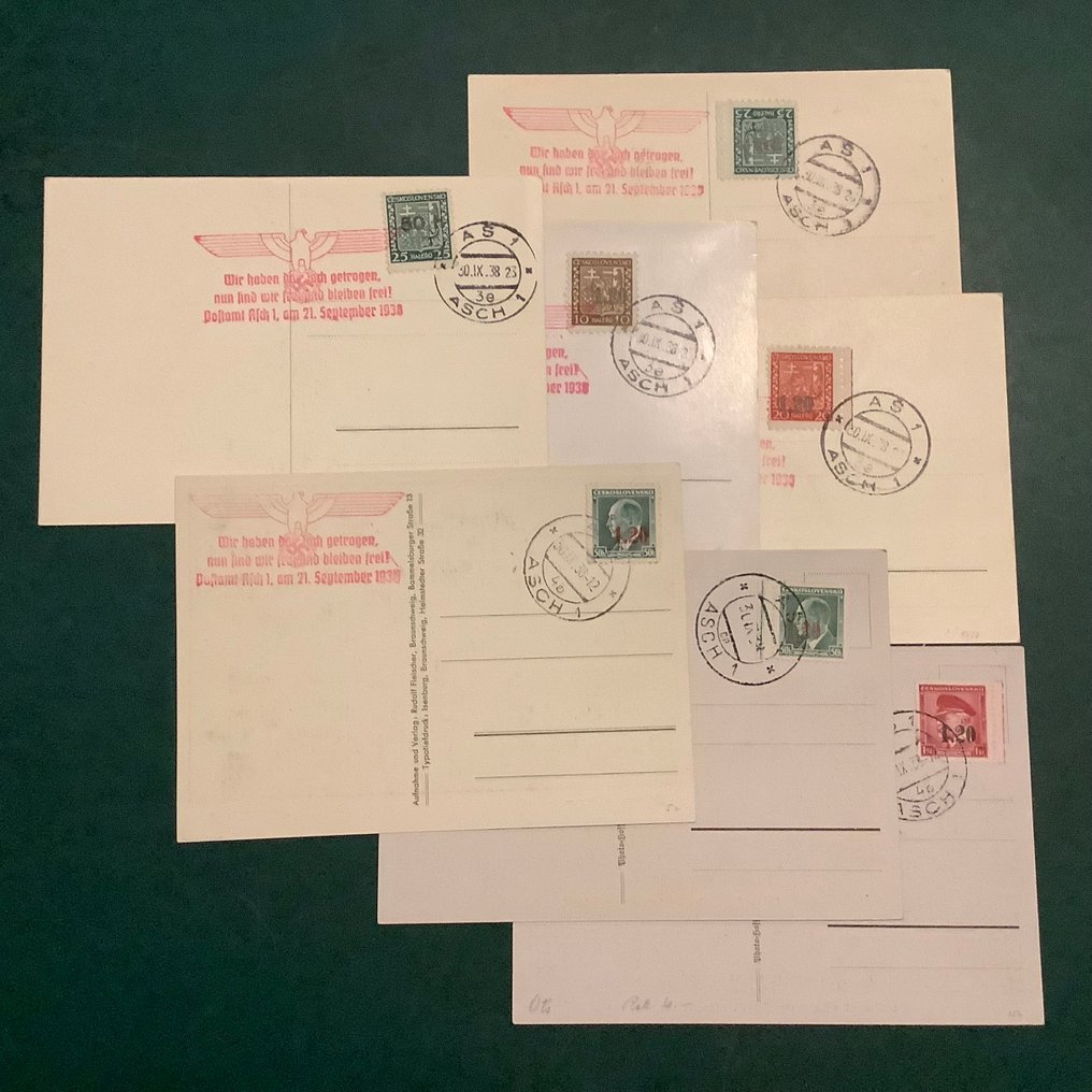 Bohemia ja Moravia 1938 - Aschin täydellinen emittointi alatyypeillä propagandakorteilla vapautuksen leimalla. - Michel 1I/II, 2/3, 4a/b en 5 #1.0