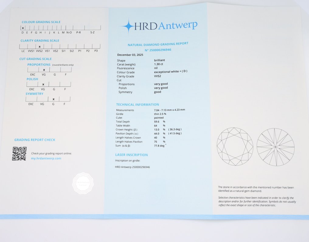 1 pcs Διαμάντι  (Φυσικό)  - 1.30 ct - Στρογγυλό - D (άχρωμο) - VVS2 - HRD Αμβέρσας #4.3