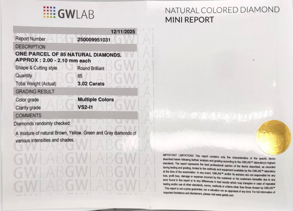 Ohne mindestpreis - 85 pcs Diamant (Natürlich farbig) - 3.02 ct - Rund Gemischte Farben - I1, VS2 - Gemewizard Gemological Laboratory (GWLab) #3.2