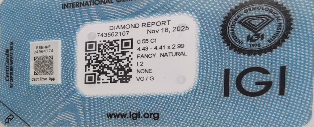 没有保留价 - 1 pcs 钻石  (天然色彩的)  - 0.55 ct - 枕形 - Fancy 黄色 - I2 内含二级 - 国际宝石研究院（IGI） #2.1