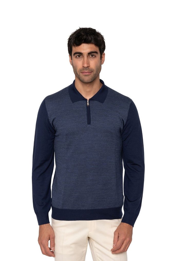 FEDELI CASHMERE RRP 1200€ Blue Sweater Half Zip Jacquard Fine Wool 140's - 50 IT - Jumper - New with tags #1.0
