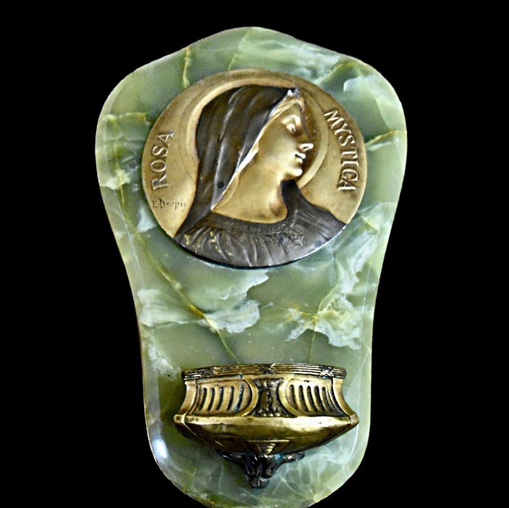 水肿 - 圣洗礼池 - 神秘玫瑰 - 23 厘米 - 缟玛瑙, 黄铜, 黄铜色 - 1920-1930 #1.0