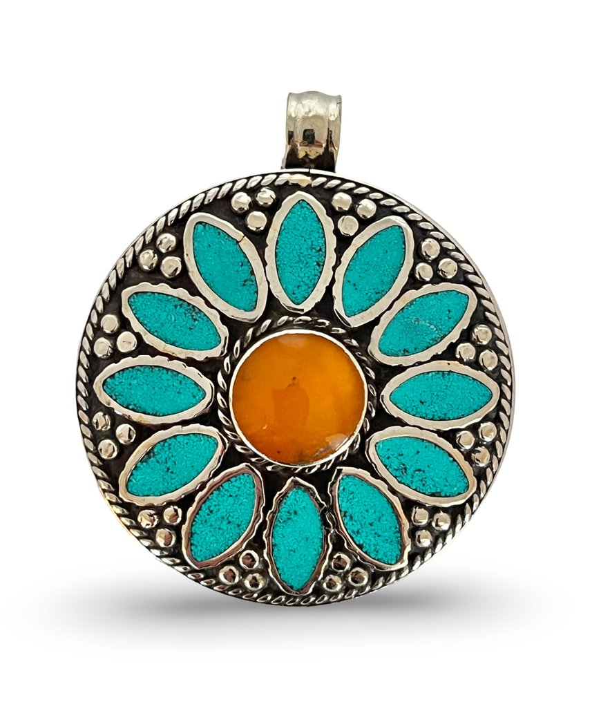- Tibet Silver - Turquoise - Coral - Pendant #1.0