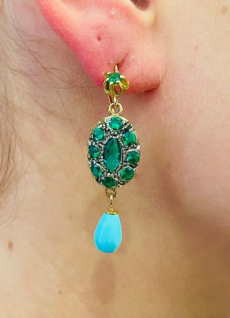 没有保留价 - 耳环 - 9 kt. 黄金, 银 祖母绿 - 绿松石 #1.0