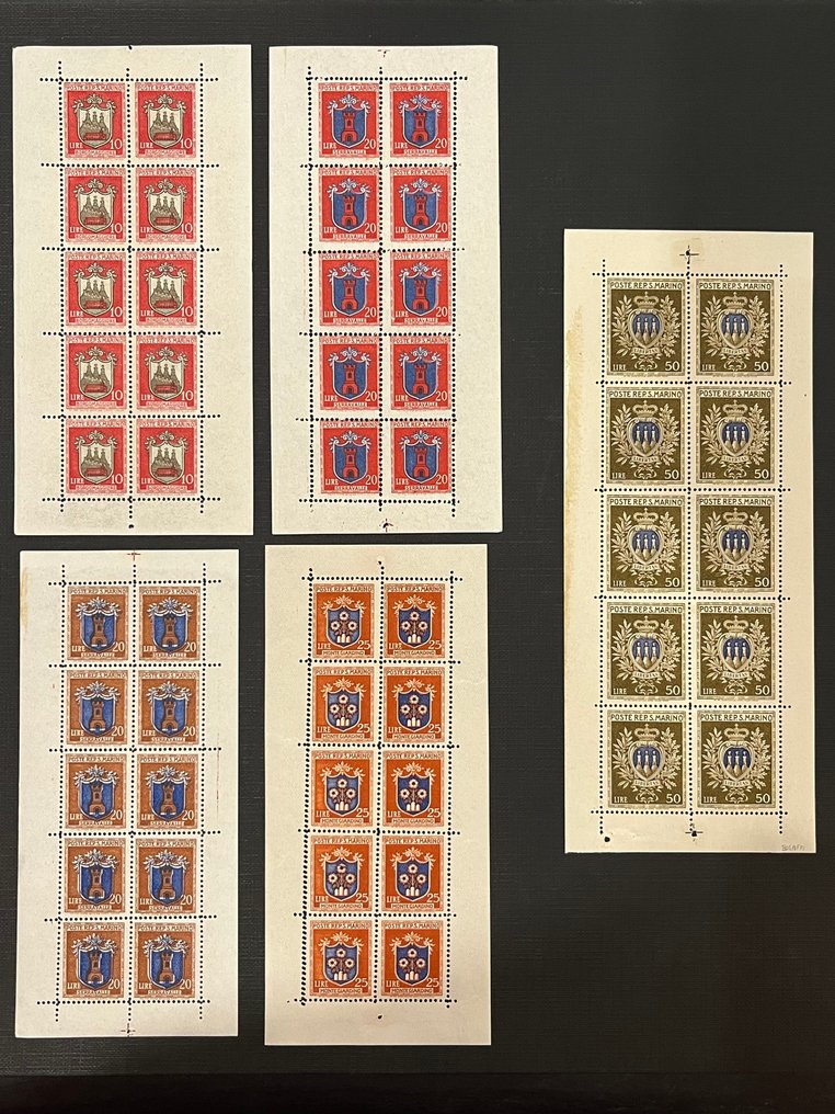 San Marino 1945/1946 - San Marino mini sheets, complete series of badges, new, with intact gum. - Sassone N. 1,2,3,4,5 #1.0