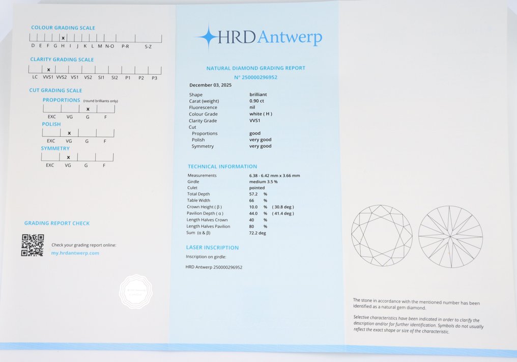1 pcs 钻石  (天然)  - 0.90 ct - 圆形 - H - VVS1 极轻微内含一级 - 比利时高阶层钻石议会 #2.1