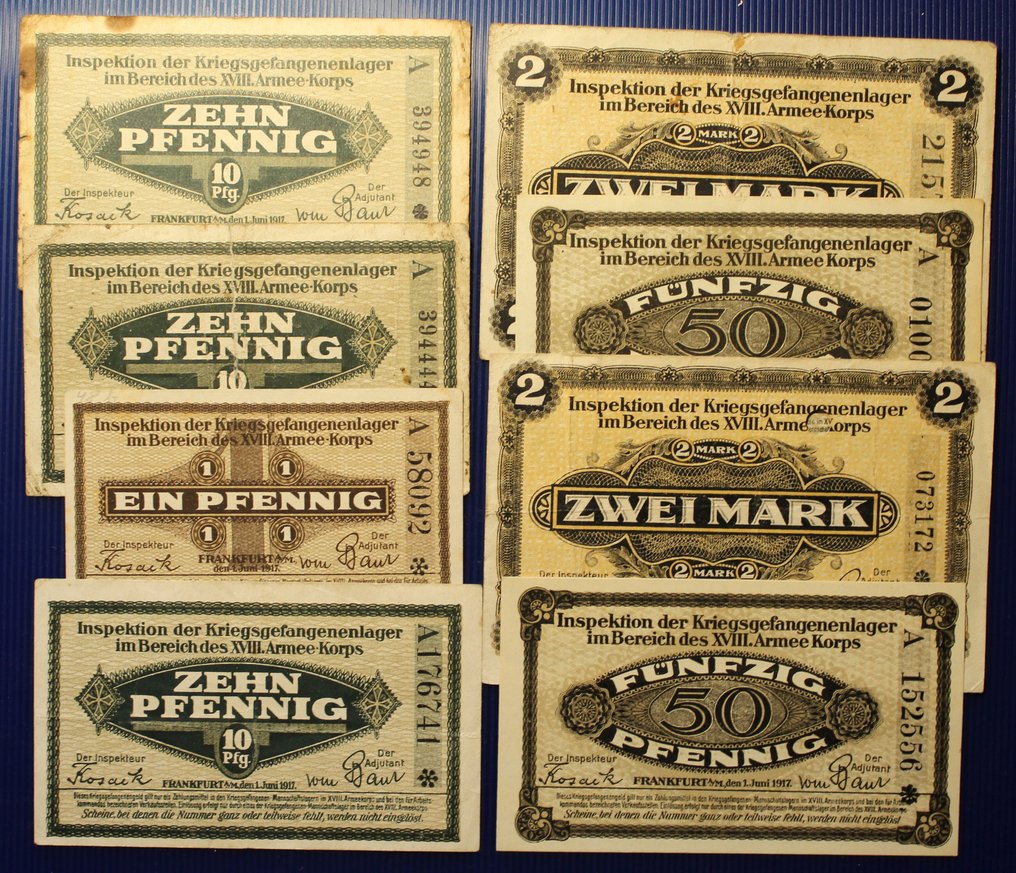 Duitsland. - 8 banknotes - POW  - XVIII-Armee-Korps, FRANKFURT 1917  (Zonder minimumprijs) #1.0