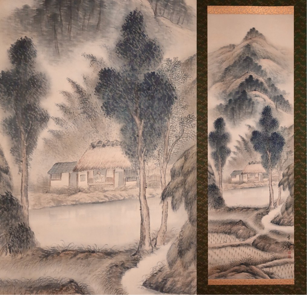 乡村风景 - 老房子与稻田景色 - 挂轴 - 手工绘制在丝绸上 - Unjin 雲人 - 日本 - Shōwa period (1926-1989) #1.0
