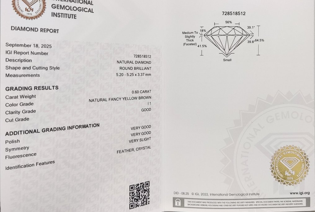 没有保留价 - 1 pcs 钻石  (天然色彩的)  - 0.60 ct - 圆形 - Fancy 黄色 棕色 - I1 内含一级 - 国际宝石研究院（IGI） #4.3