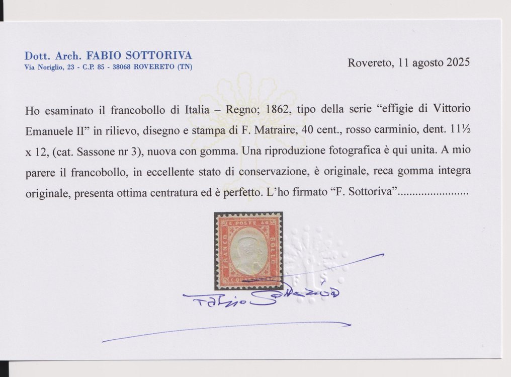 義大利王國 1862/1862 - Quaranta cent. rosso MNH cert. Sottoriva - Sassone n°3 #2.1