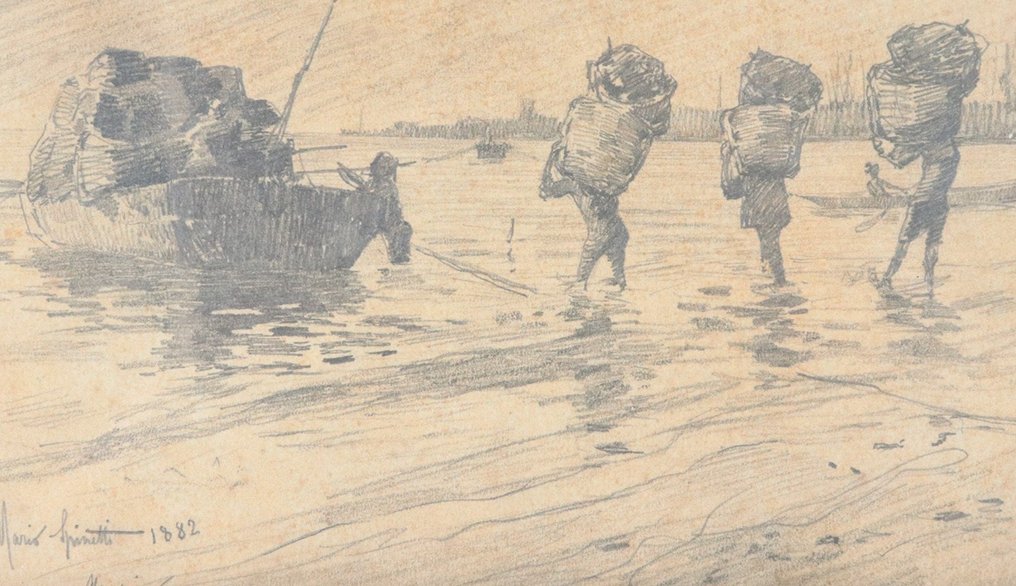 Mario Spinetti (1859-1915) - I pescatori caricano la barca - Anzio 1882 #1.0