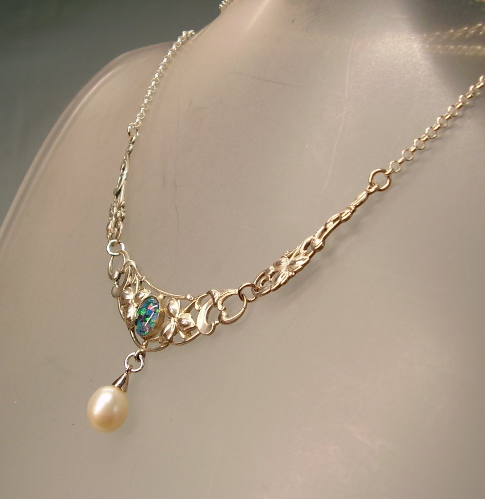 沒有保留價 - 頸鏈 銀 - 5.10ct. tw. 蛋白石 - 珍珠 - 青年风格欧泊项链1910 #3.2