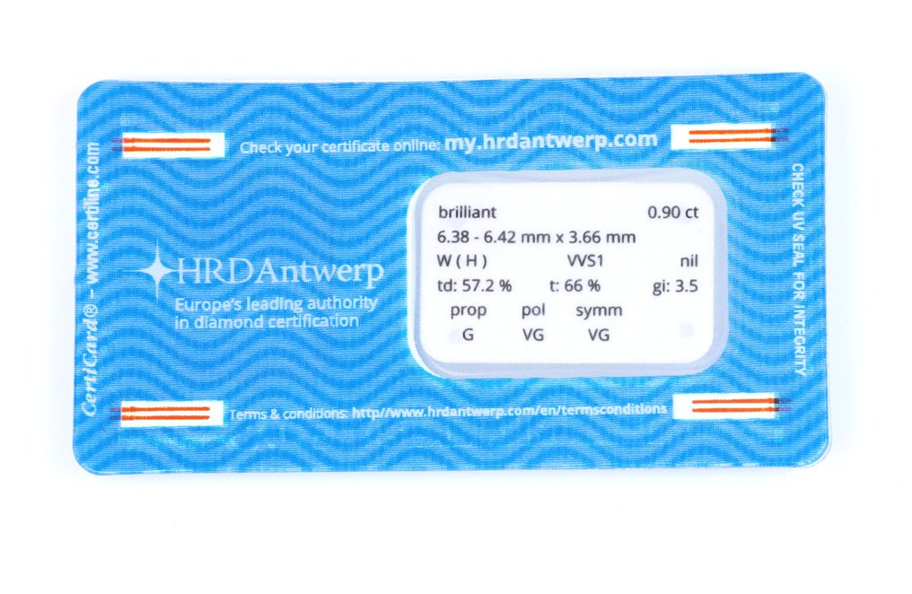 1 pcs 钻石  (天然)  - 0.90 ct - 圆形 - H - VVS1 极轻微内含一级 - 比利时高阶层钻石议会 #1.0