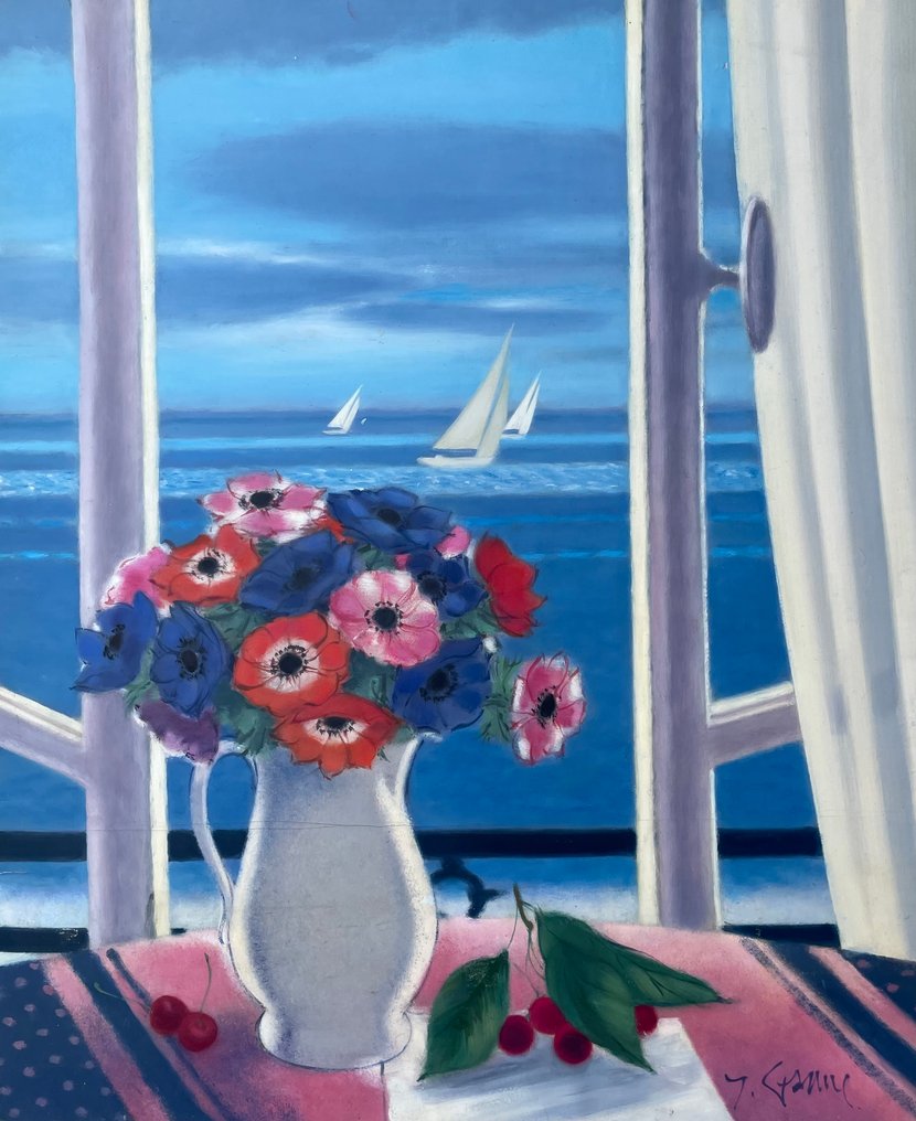 Yves Ganne (1931-2019) - Bouquet de fleurs en Bord de Mer - Voilier - Marine (Vendu sans prix de reserve) #1.0