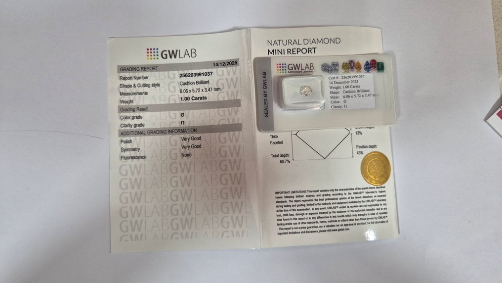 No reserve price - 1 pcs Diamond  (Natural)  - 1.00 ct - Cushion - G - I1 - Gemewizard Gemological Laboratory (GWLab) #4.3