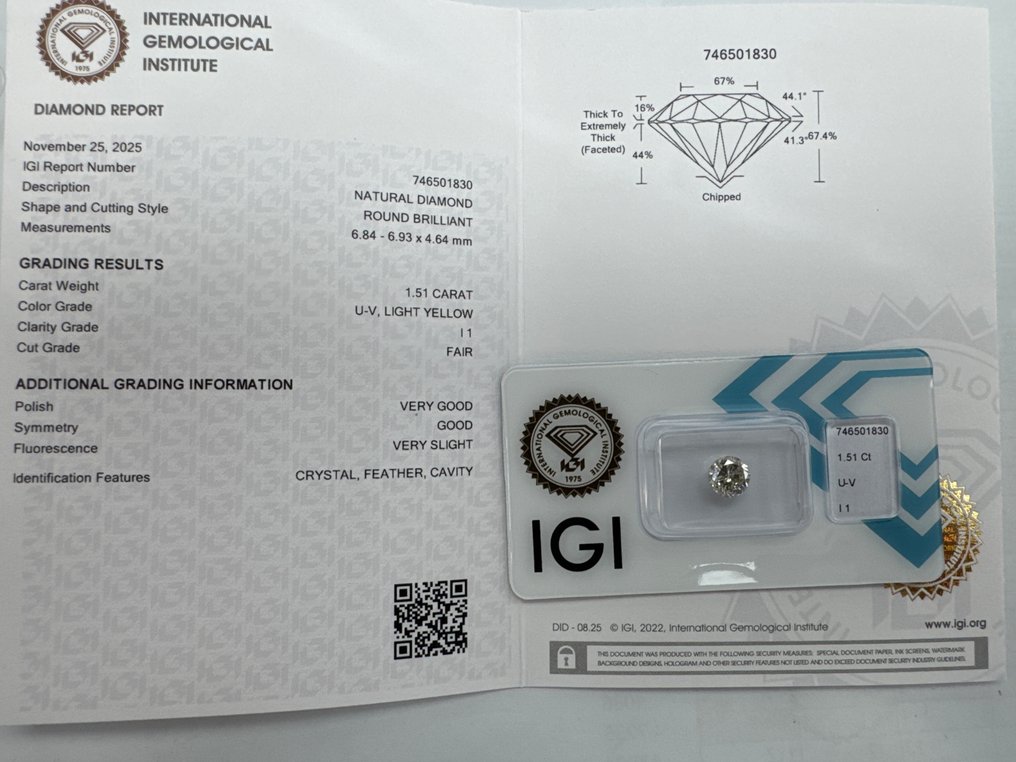 χωρίς τιμή ασφαλείας - 1 pcs Διαμάντι (Φυσικού χρώματος) - 1.51 ct - Στρογγυλό - Light Κίτρινο - I1 - International Gemological Institute (IGI) - U-V #1.0