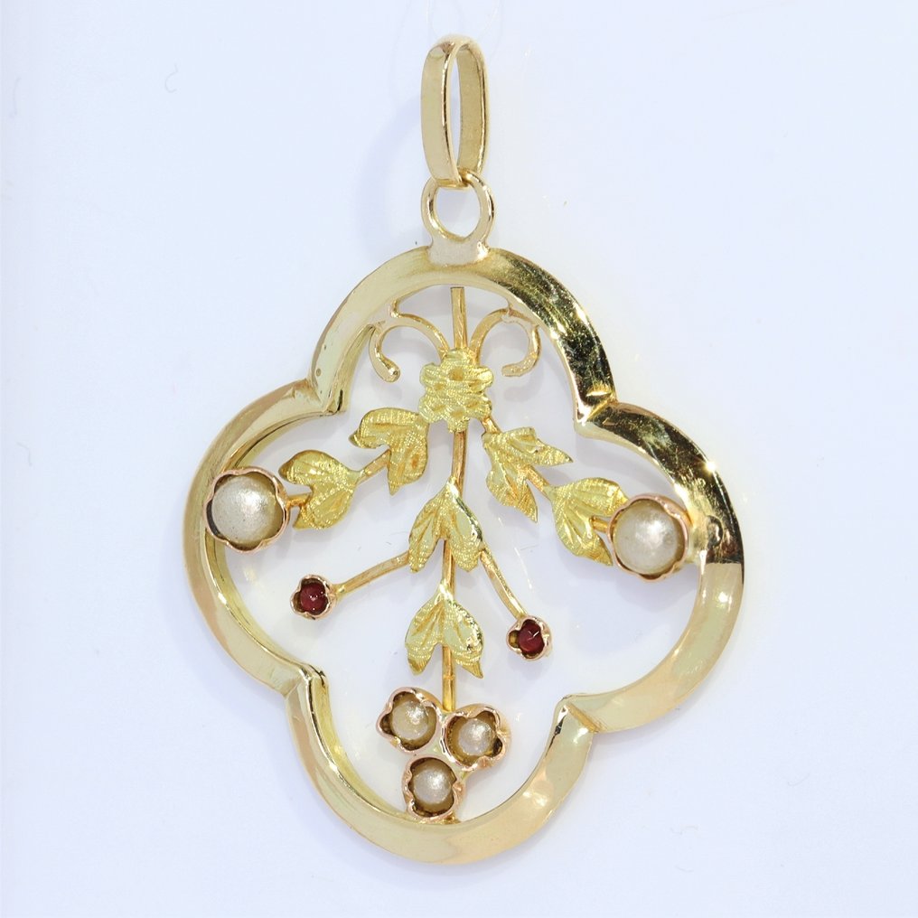 Zonder minimumprijs - Hanger - 18 karaat Geel goud - Parel - Garnet, antiek 1900 #1.0