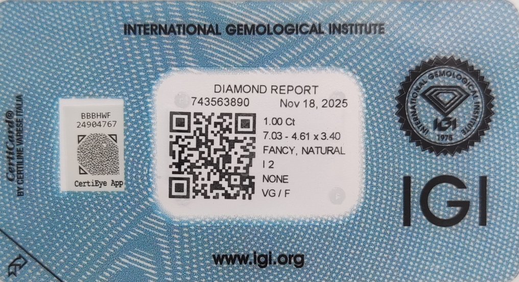 没有保留价 - 1 pcs 钻石  (天然色彩的)  - 1.00 ct - 梨形 - Fancy intense 黄色 - I2 内含二级 - 国际宝石研究院（IGI） #2.1