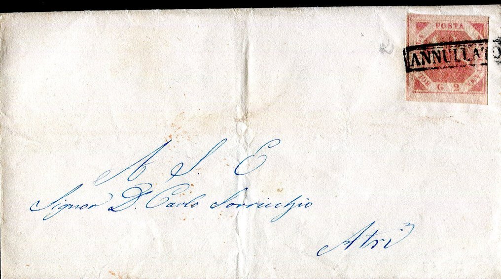 Italian Ancient States - Naples 1858 - Canceled notes placed on the verso. - Sassone 7c. #1.0