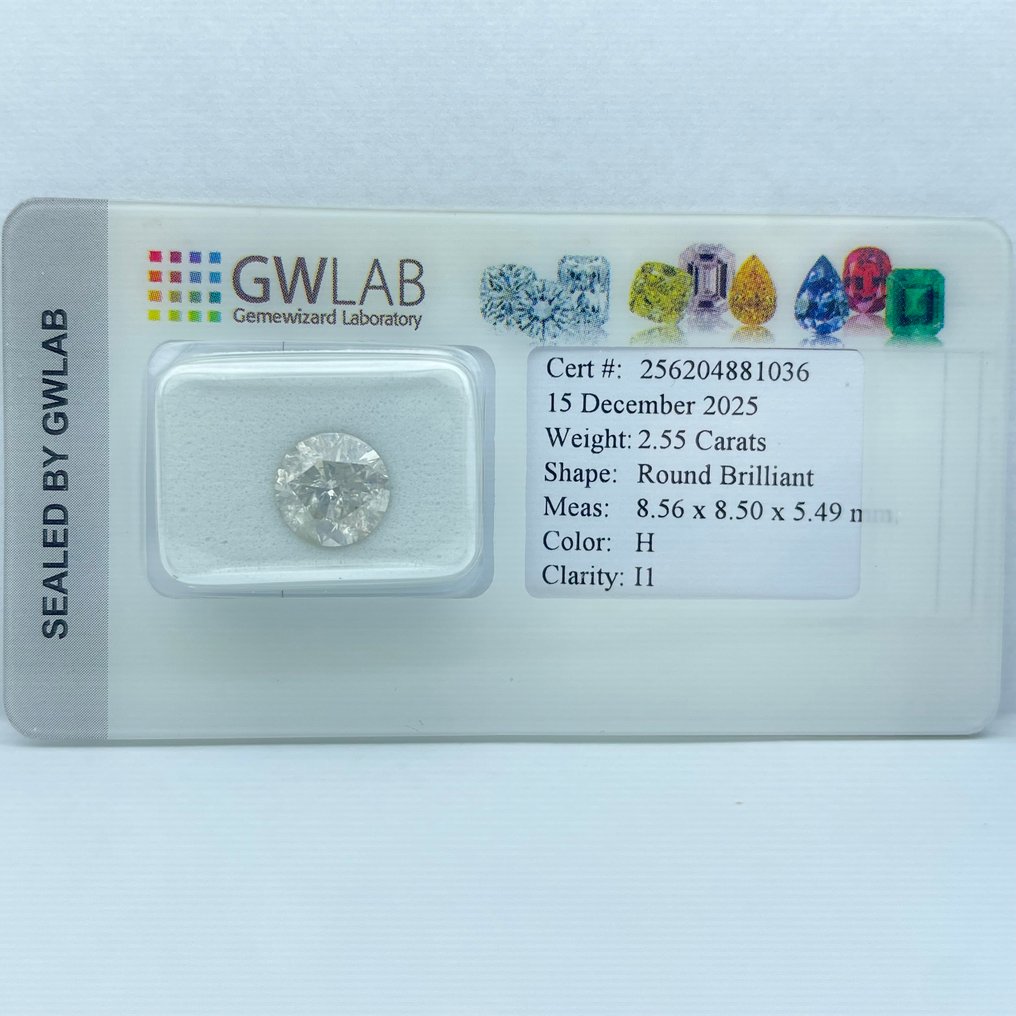 没有保留价 - 1 pcs 钻石  (天然)  - 2.55 ct - 圆形 - H - I1 内含一级 - Gemewizard宝石实验室（GWLab） #4.3