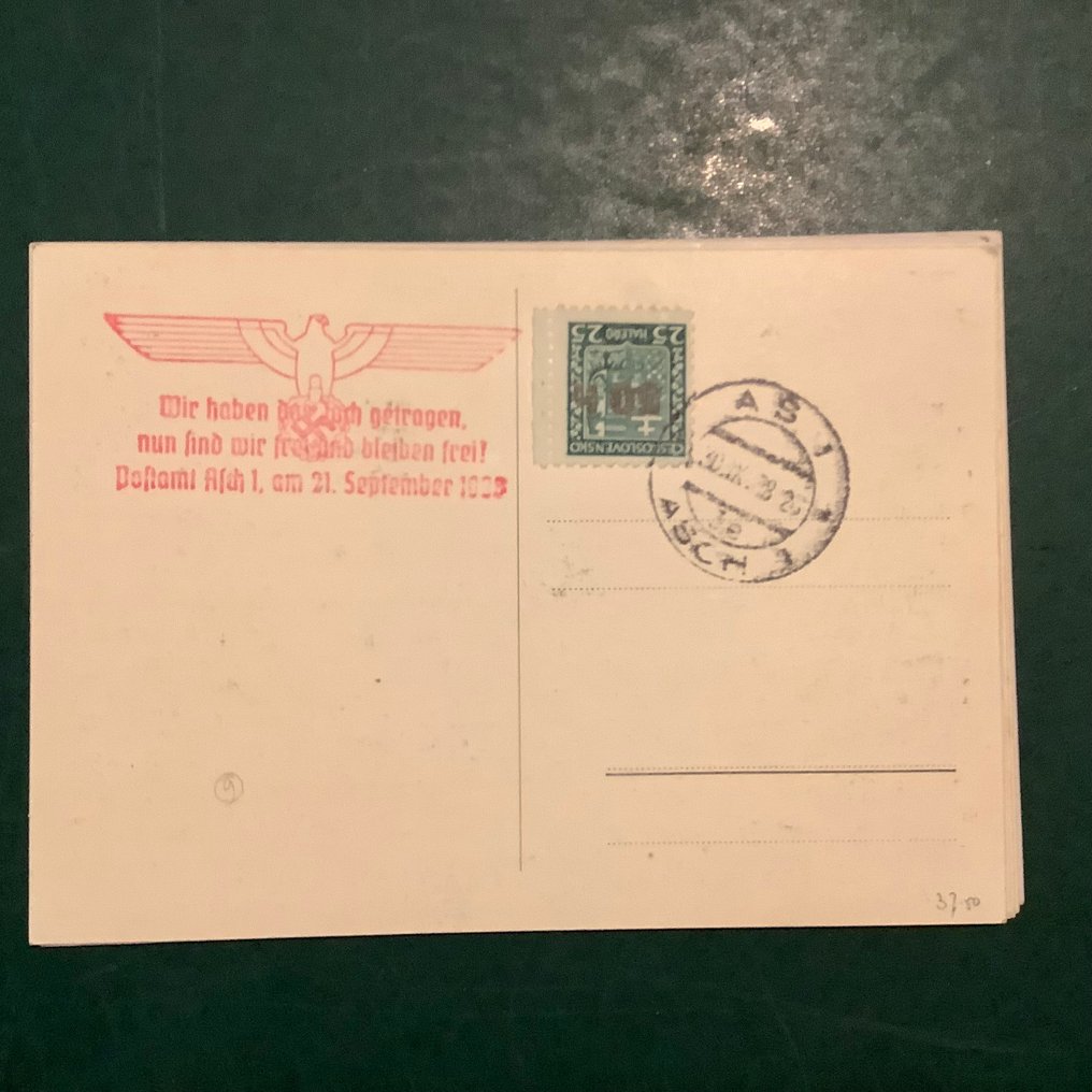 Bohemia ja Moravia 1938 - Aschin täydellinen emittointi alatyypeillä propagandakorteilla vapautuksen leimalla. - Michel 1I/II, 2/3, 4a/b en 5 #2.1