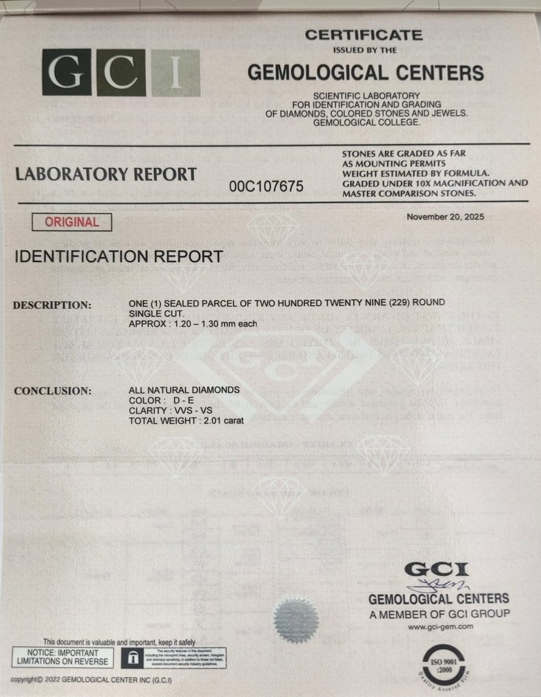 没有保留价 - 229 pcs 钻石  (天然)  - 2.01 ct - 圆形 - D (无色), E - VS1 轻微内含一级, VVS1 极轻微内含一级 - 以色列宝石中心（G.C.I.） - 单次切割 #2.1