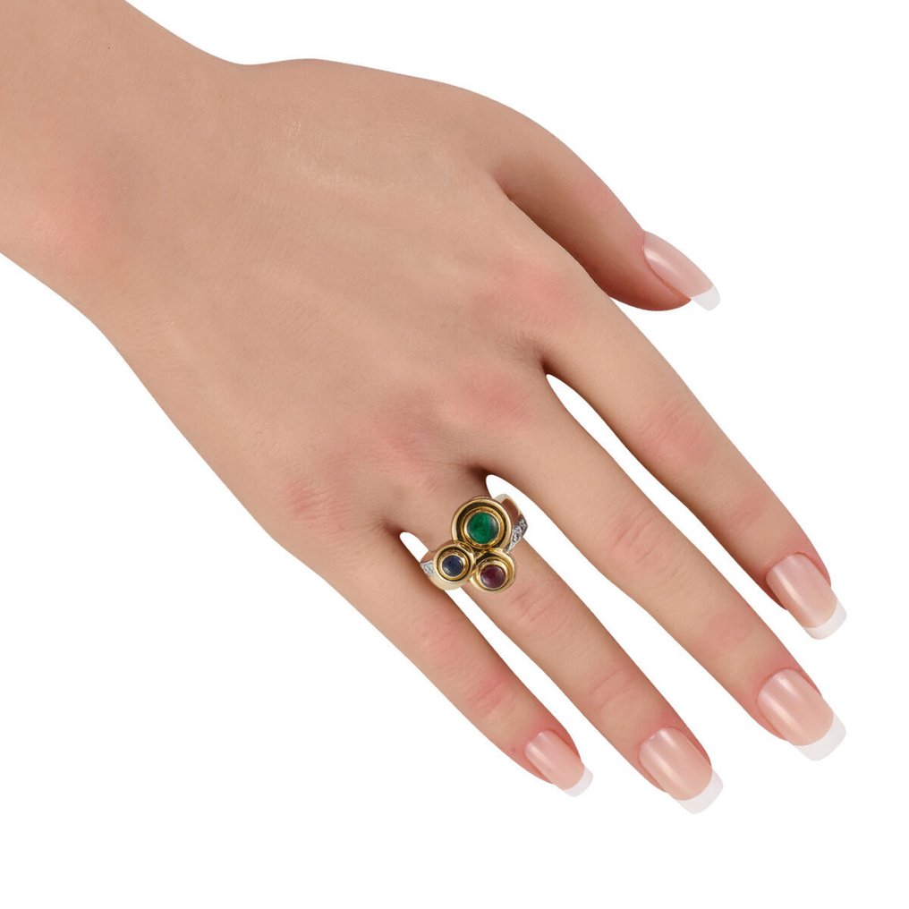 David Webb - Ring - 18 karaat DAVID WEBB 18K Geel Goud Diamant, Smaragd, Robijn en Saffier Ring, Geel goud #2.1