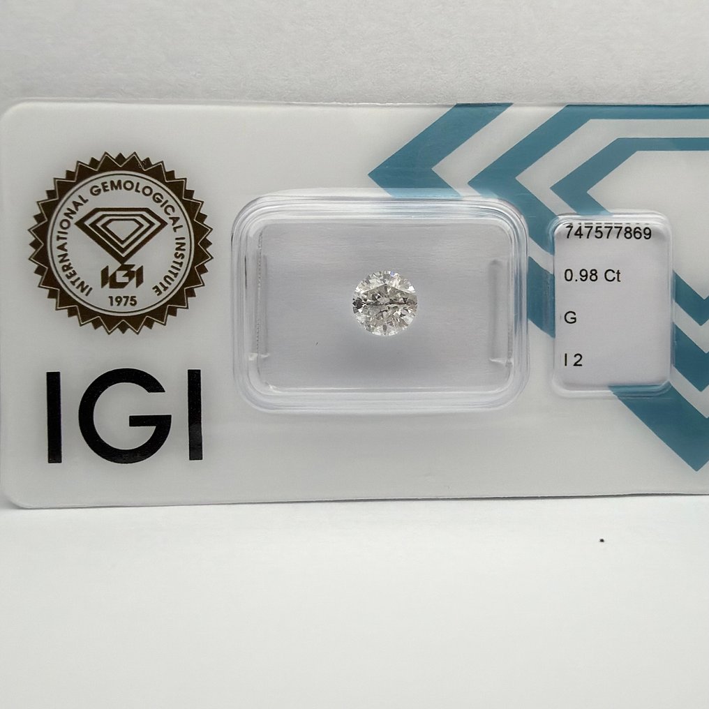 Fără preț de rezervă - 1 pcs Diamant  (Natural)  - 0.98 ct - Rotund - G - I2 - IGI (Institutul gemologic internațional) #4.3