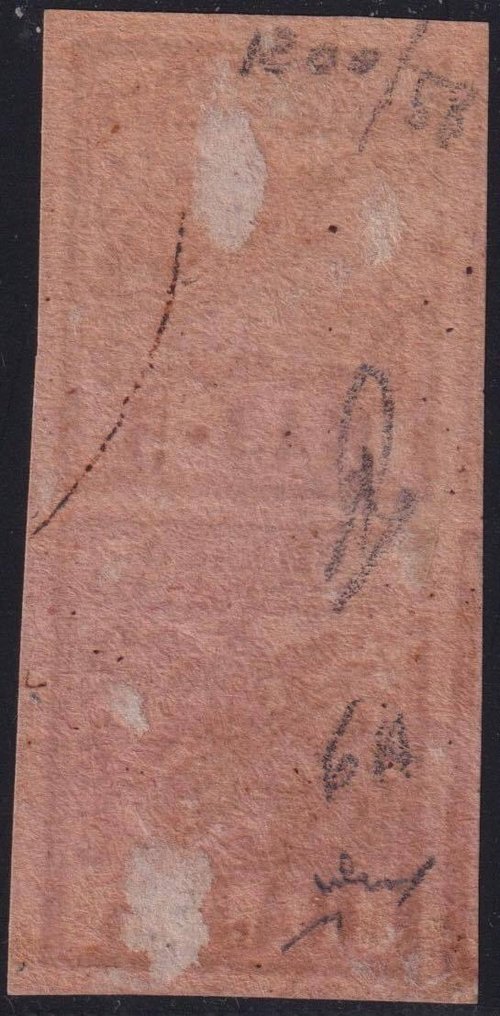 State Italiene Antice - Statul Papal 1852 - I^ Em. 5 b. roșu carmin coppia verticală Sass 6A margini mari utilizată f.Pal, Cheie excepțională. #1.0