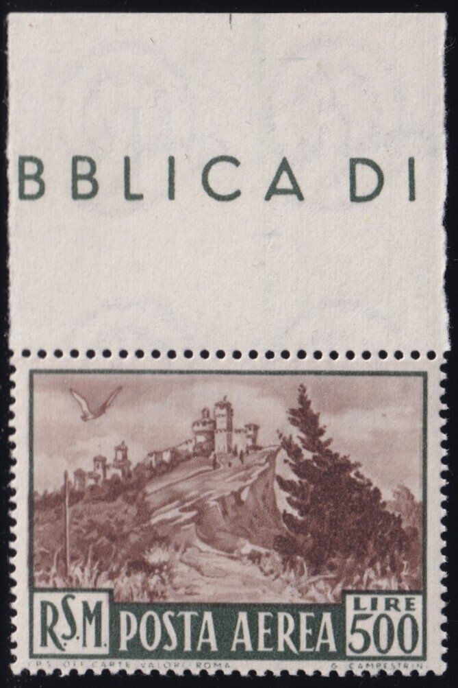 Saint-Marin 1951 - Poste aérien vue 500 L. vert SC et BR. Sass 97 Bdf, centré, intact, MNH** luxe #1.0