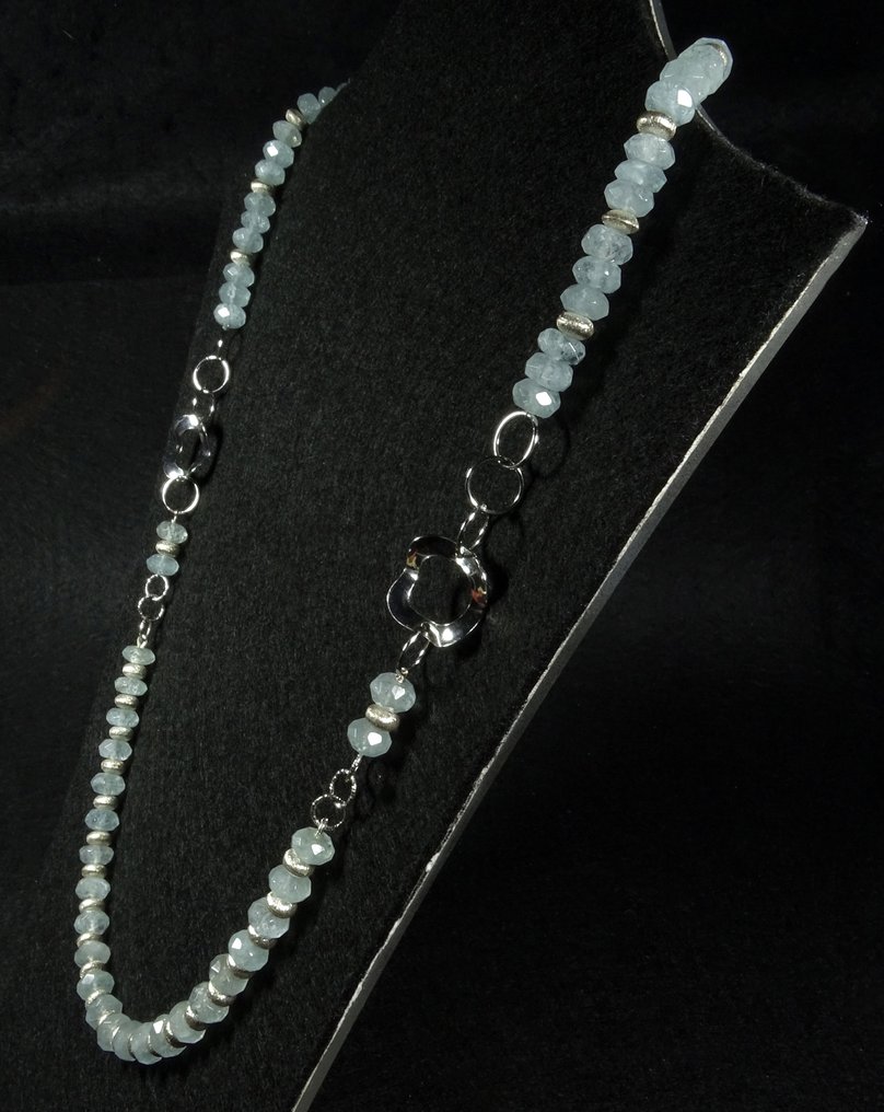 天然多面切割的海蓝宝石 银项链- 53.4 g #4.3