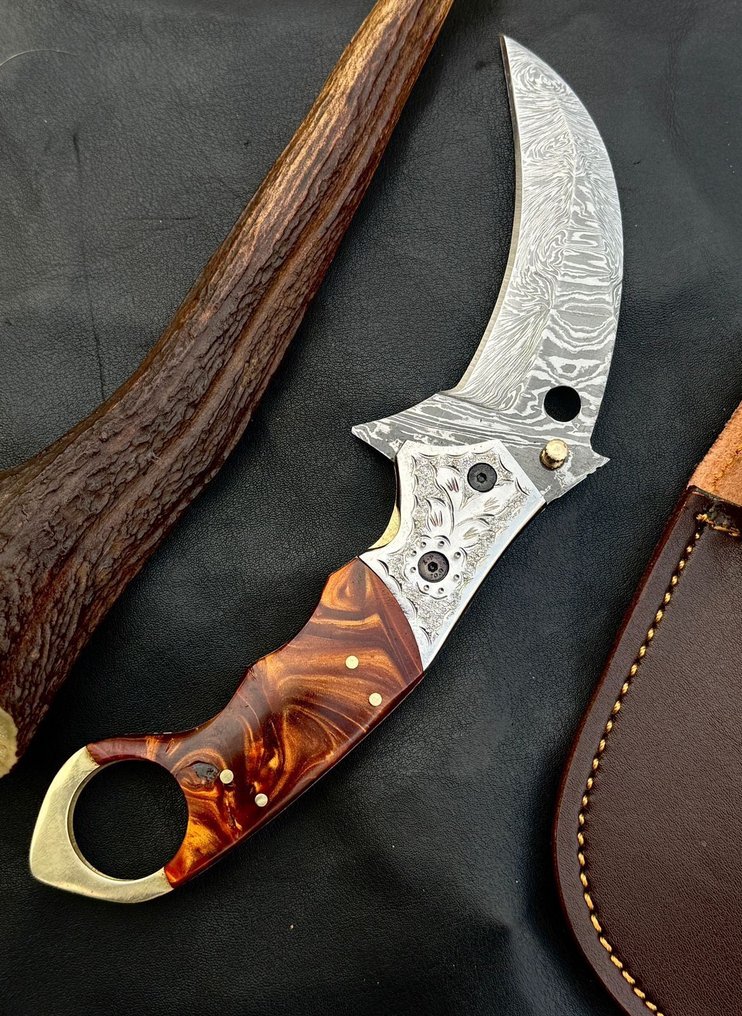 廚刀 -  厨房刀具 - 折叠刀 - 线锁 - Risen雕刻款 - 皮革 - ASIA - 木材 - 亞洲 #2.1