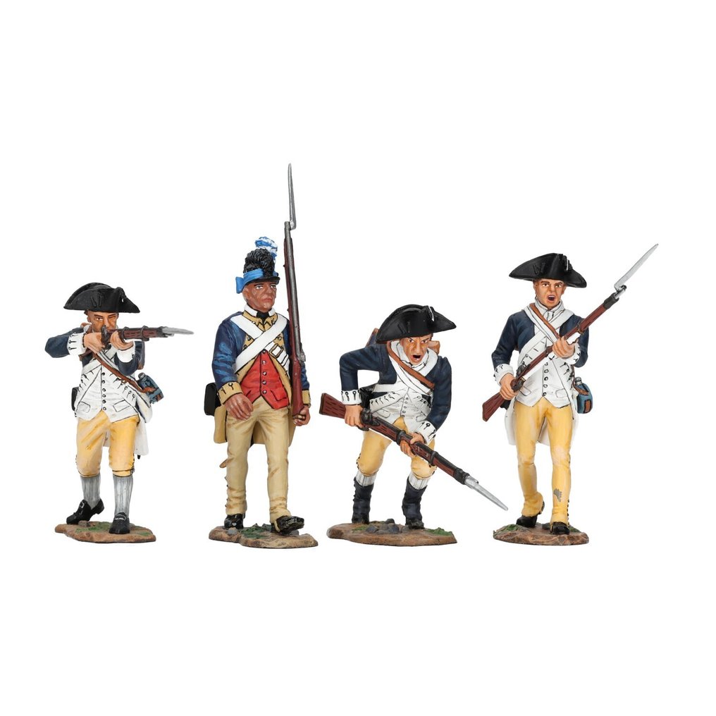King & Country - American Revolution - 1776 American War of Independence Americans - Φιγούρα μινιατούρα - AR062 “Standing Firing” / AR063 “Advancing” / AR071 “Attacking” / AR075   “Guardsman Marching”  (4) - Λευκό μέταλλο #1.0