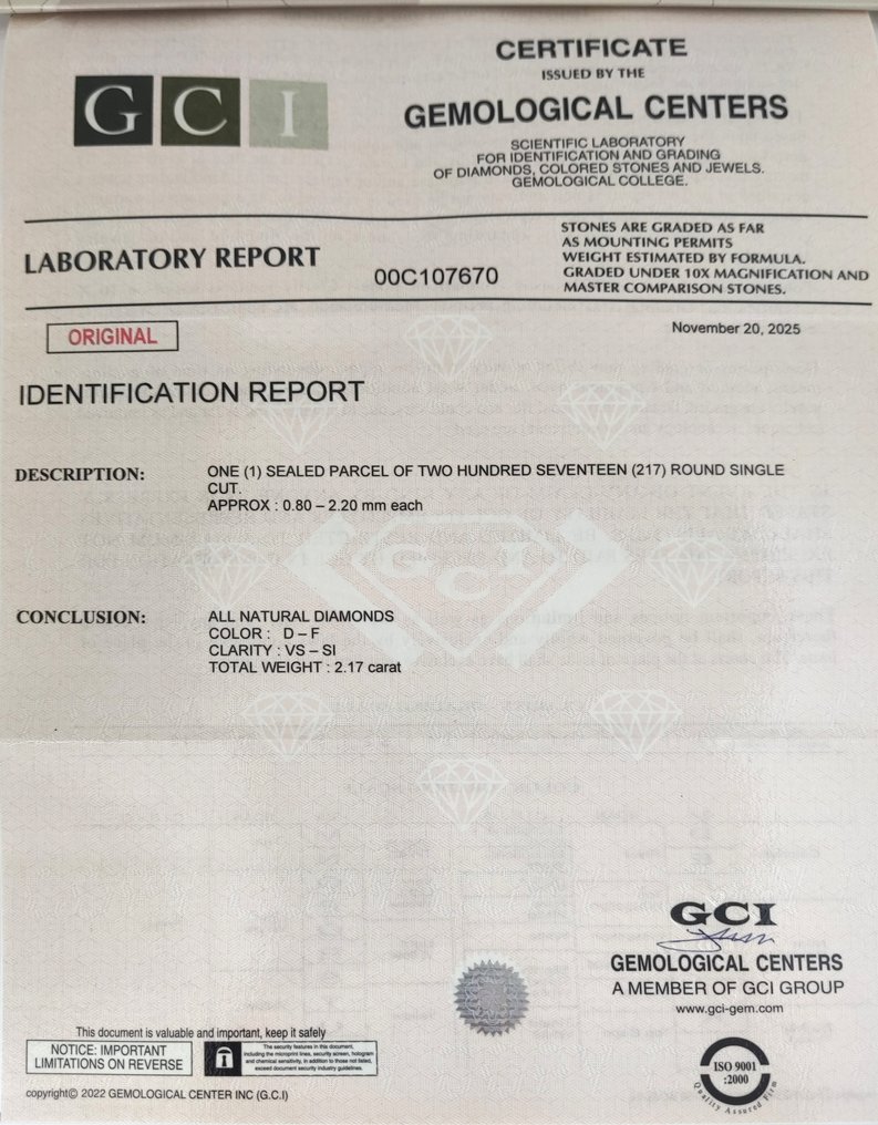没有保留价 - 217 pcs 钻石  (天然)  - 2.17 ct - 圆形 - D (无色), F - VS1 轻微内含一级, SI1 微内含一级 - 以色列宝石中心（G.C.I.） - 单次切割 #2.1