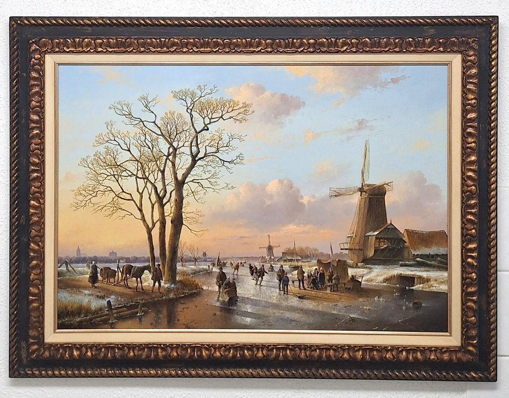 Fred Arends (1949) - Winter landschap met vele figuren en avondrood #3.2