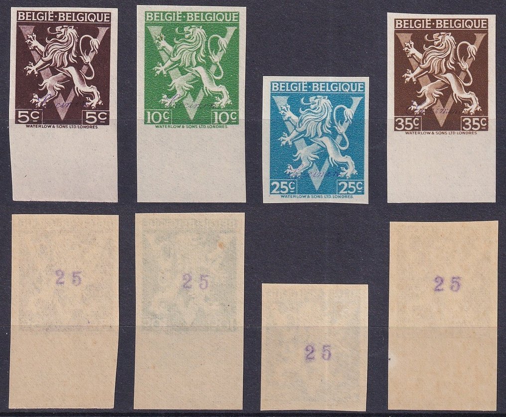 Belgium 1944 - Complete series of heraldic lion badges with a large 'V' type, 'Belgium - Belgique', with printing. - OBP 674A/689A #1.0