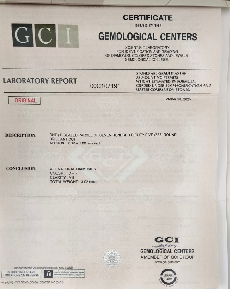 沒有保留價 - 785 pcs 鑽石  (天然)  - 3.02 ct - 圓形 - D (無色), F(近乎無色) - VS1, VS2 - Gemmological Centre Israel (G.C.I.) #2.1